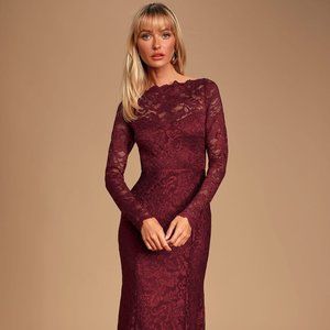 Wine Red Lace Long Sleeve Maxi Dress
